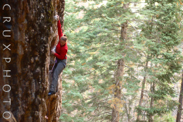 Ericka Prechtel on Godfrys 5.11b in Maple Canyon.  Copyright Nate Young and Crux Photo.